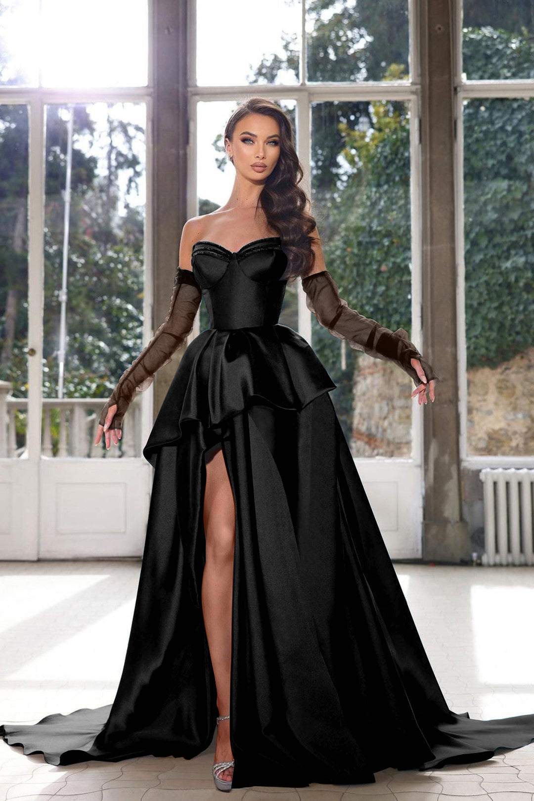 Glamorous Ink Blue Strapless Prom Dress with High Split