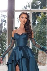 Glamorous Ink Blue Strapless Prom Dress with High Split
