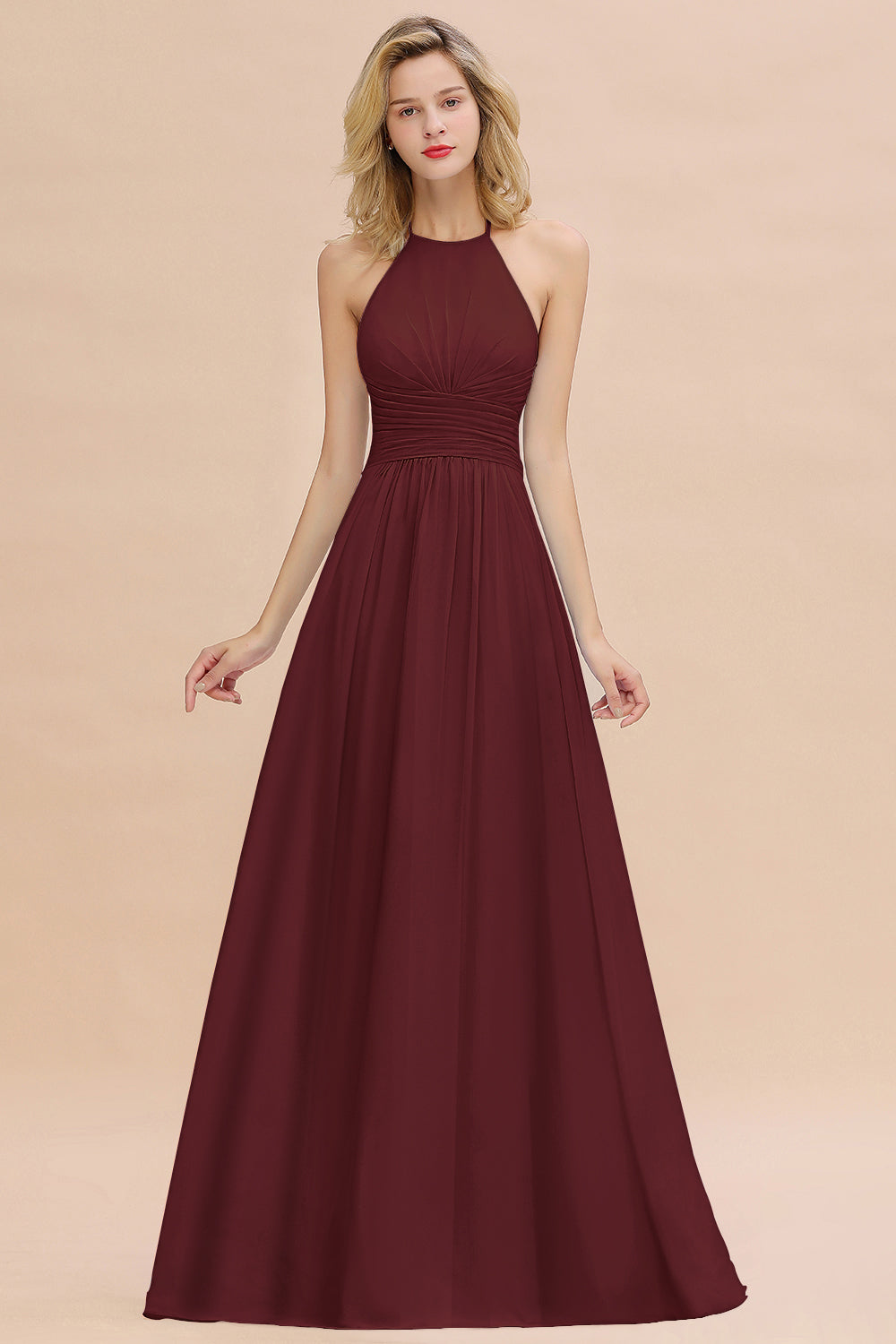 Glamorous Halter Backless Long Affordable Bridesmaid Dresses with Ruffle-Babyonlines