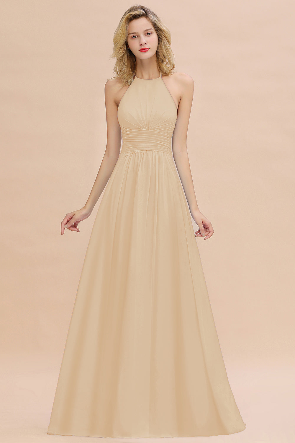 Glamorous Halter Backless Long Affordable Bridesmaid Dresses with Ruffle-Babyonlines