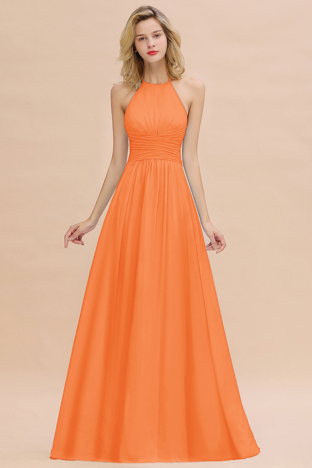 Glamorous Halter Backless Long Affordable Bridesmaid Dresses with Ruffle-Babyonlines