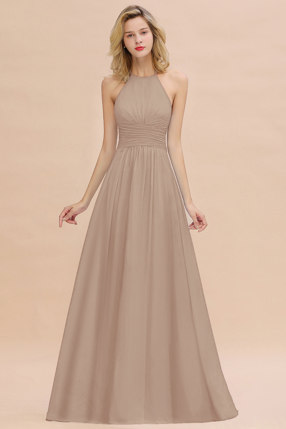 Glamorous Halter Backless Long Affordable Bridesmaid Dresses with Ruffle-Babyonlines
