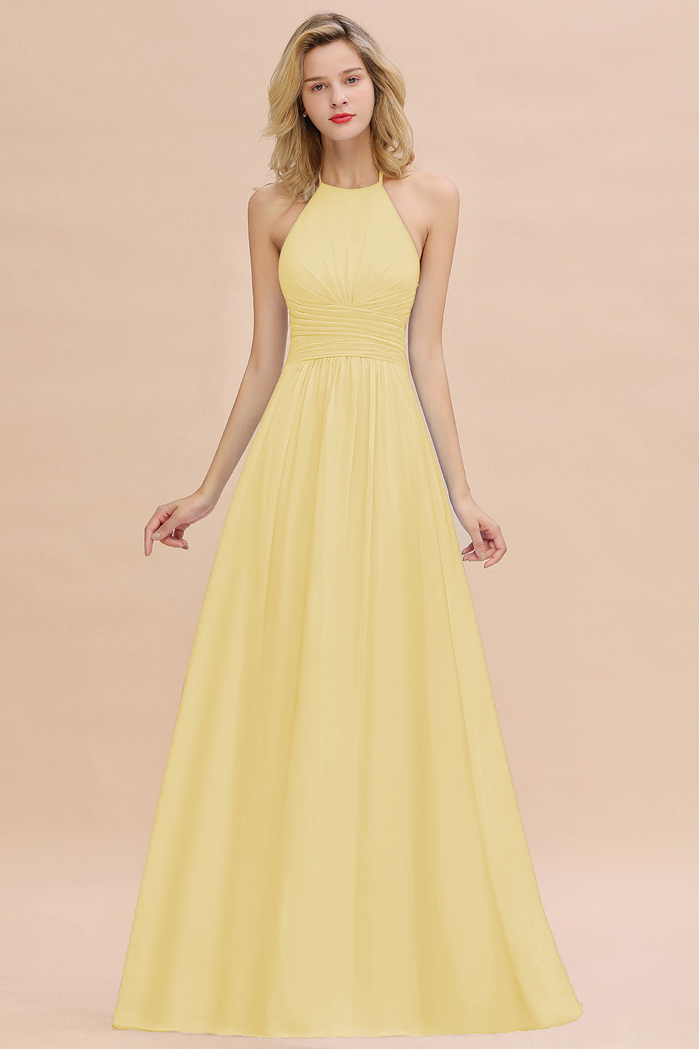 Glamorous Halter Backless Long Affordable Bridesmaid Dresses with Ruffle-Babyonlines