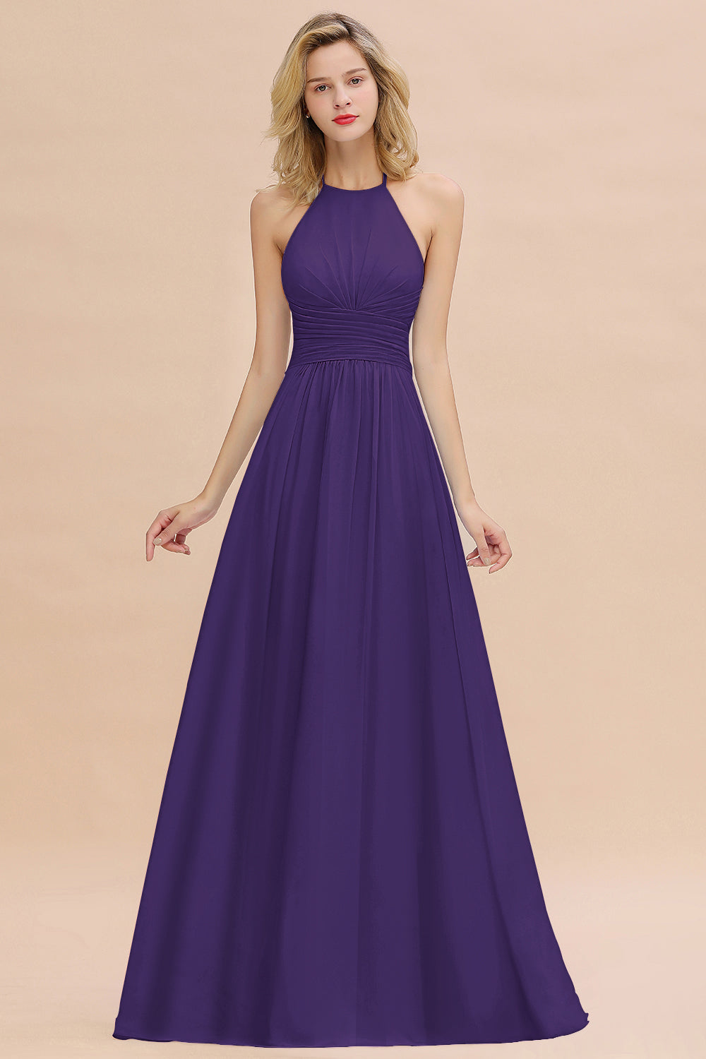Glamorous Halter Backless Long Affordable Bridesmaid Dresses with Ruffle-Babyonlines