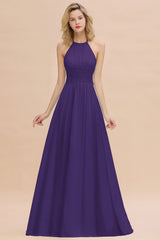 Glamorous Halter Backless Long Affordable Bridesmaid Dresses with Ruffle-Babyonlines
