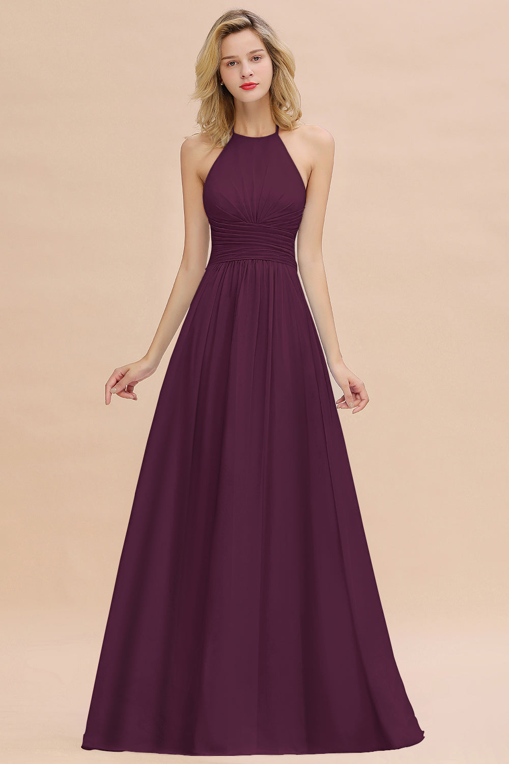 Glamorous Halter Backless Long Affordable Bridesmaid Dresses with Ruffle-Babyonlines
