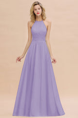 Glamorous Halter Backless Long Affordable Bridesmaid Dresses with Ruffle-Babyonlines