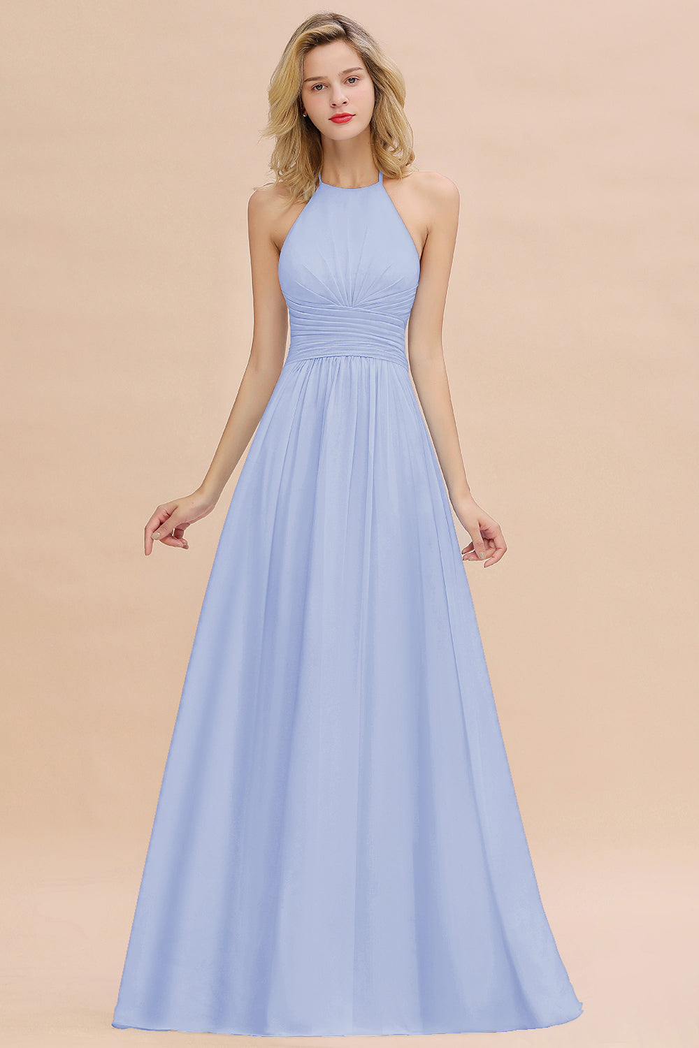 Glamorous Halter Backless Long Affordable Bridesmaid Dresses with Ruffle-Babyonlines