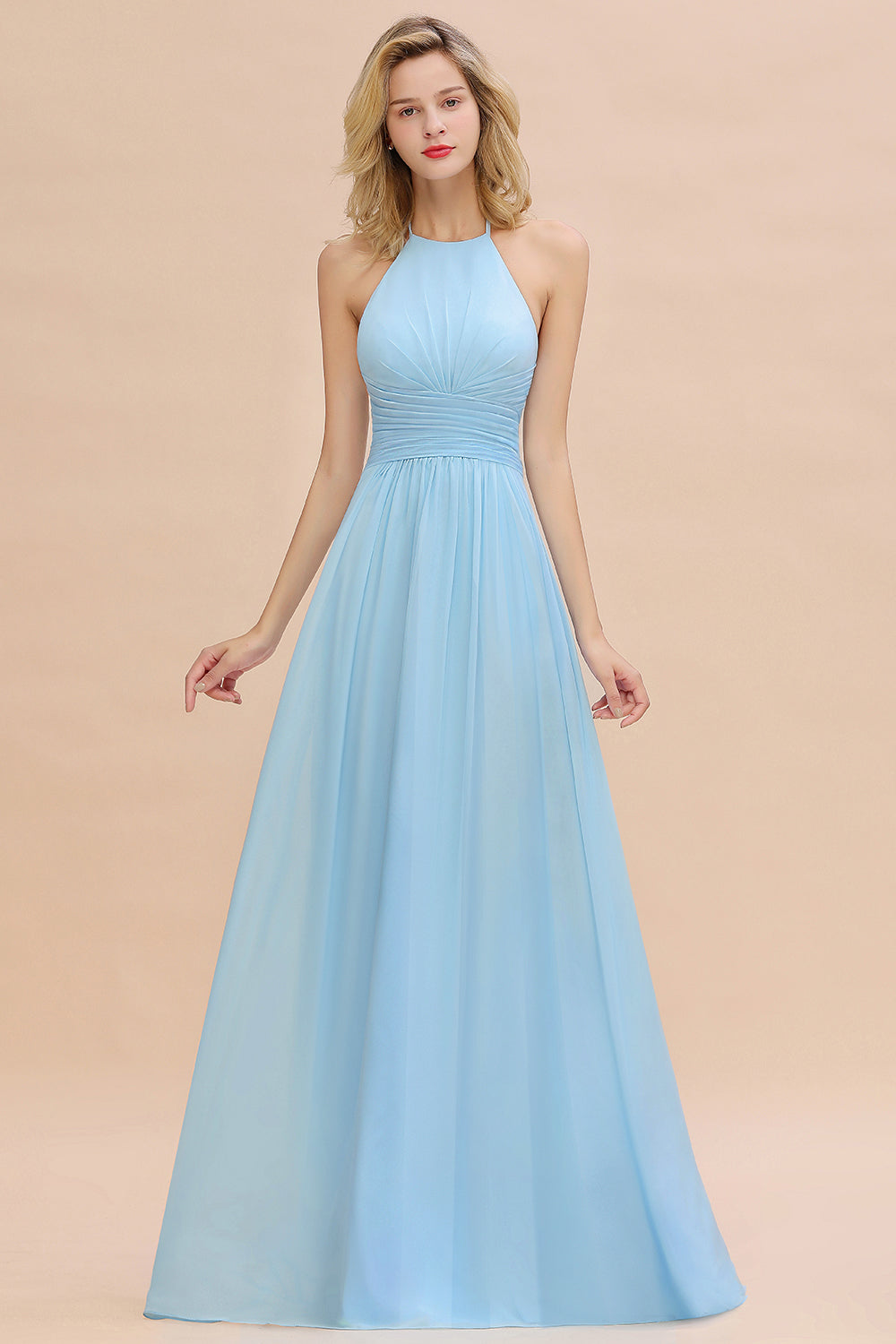 Glamorous Halter Backless Long Affordable Bridesmaid Dresses with Ruffle-Babyonlines