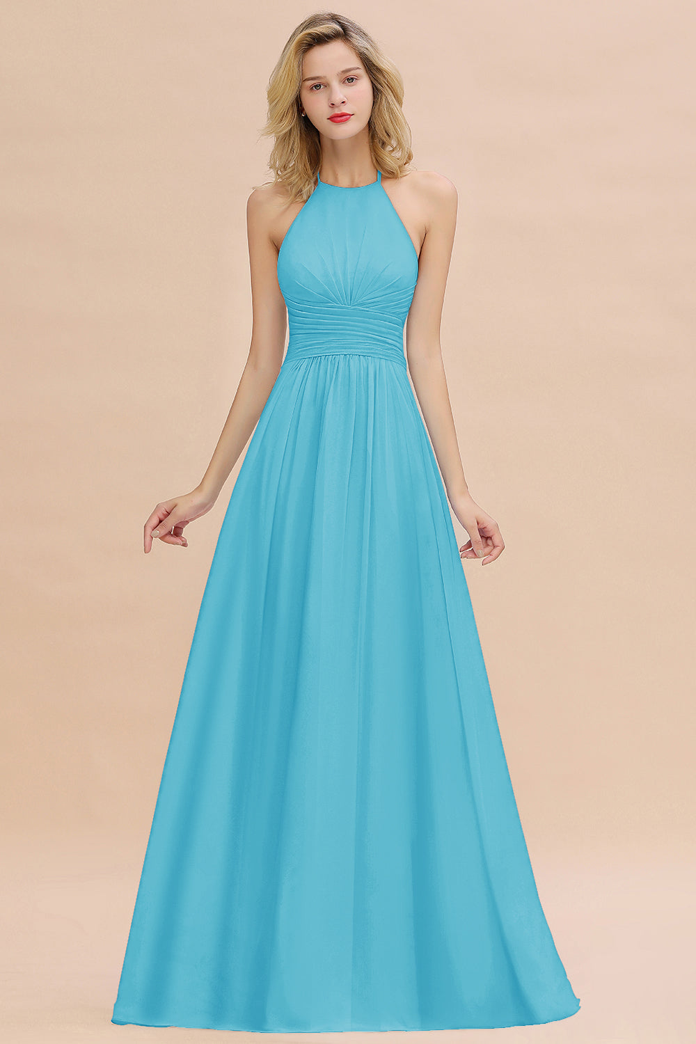 Glamorous Halter Backless Long Affordable Bridesmaid Dresses with Ruffle-Babyonlines