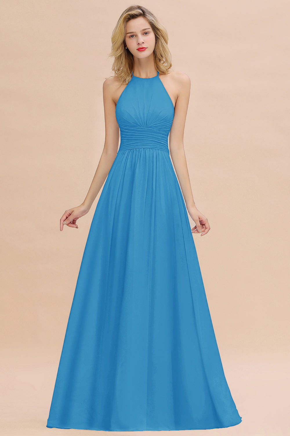Glamorous Halter Backless Long Affordable Bridesmaid Dresses with Ruffle-Babyonlines