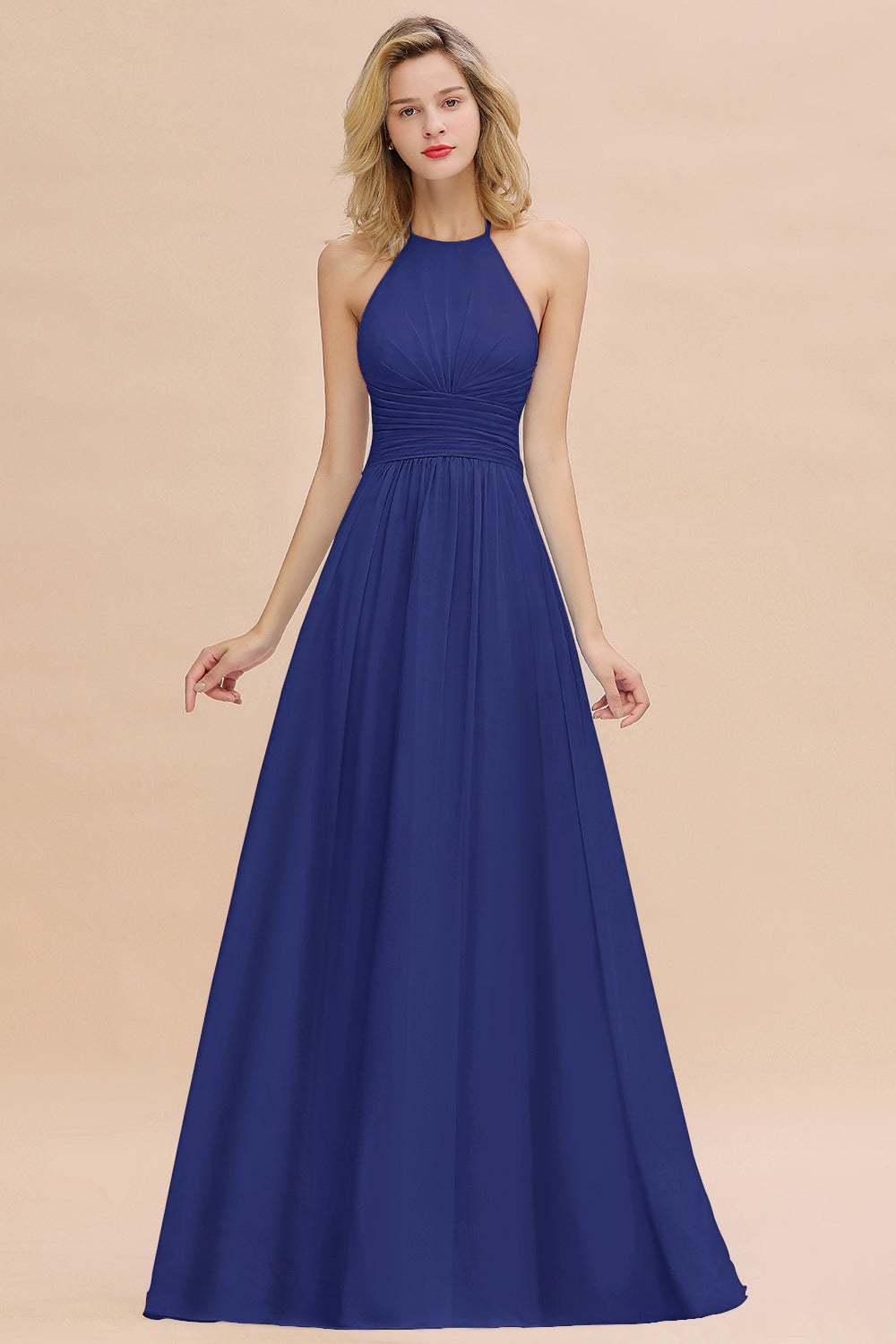 Glamorous Halter Backless Long Affordable Bridesmaid Dresses with Ruffle-Babyonlines