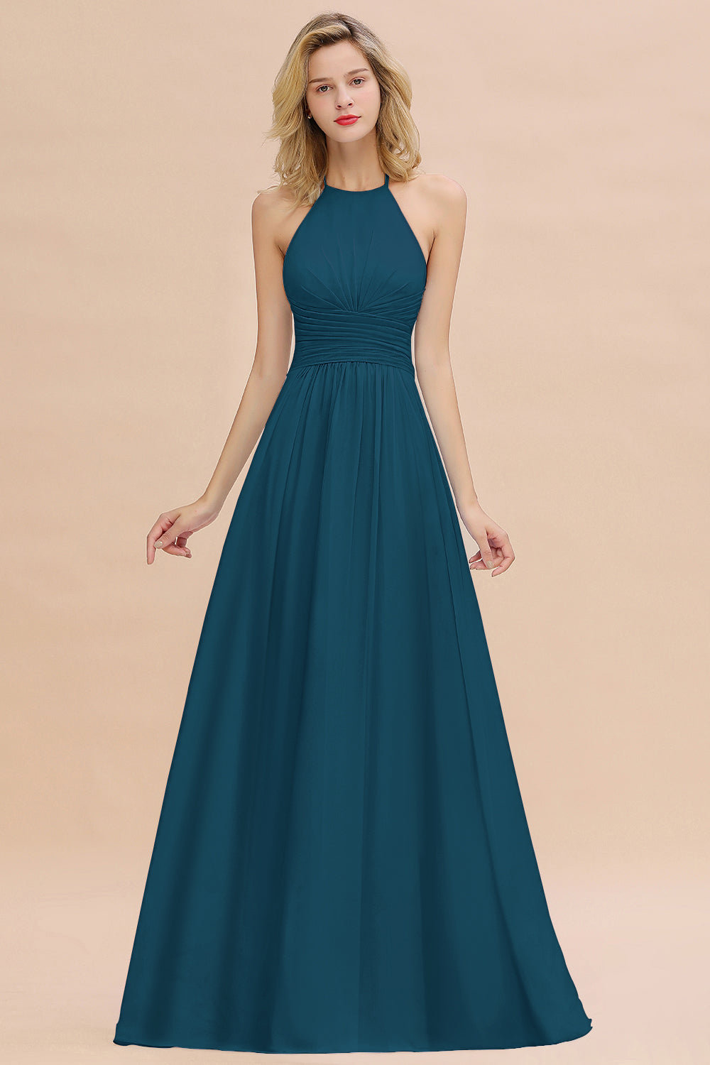 Glamorous Halter Backless Long Affordable Bridesmaid Dresses with Ruffle-Babyonlines