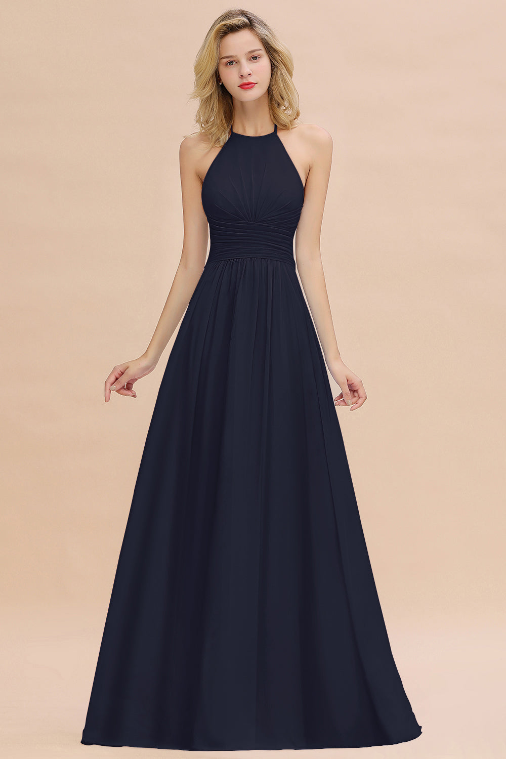Glamorous Halter Backless Long Affordable Bridesmaid Dresses with Ruffle-Babyonlines