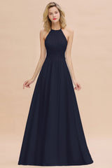 Glamorous Halter Backless Long Affordable Bridesmaid Dresses with Ruffle-Babyonlines