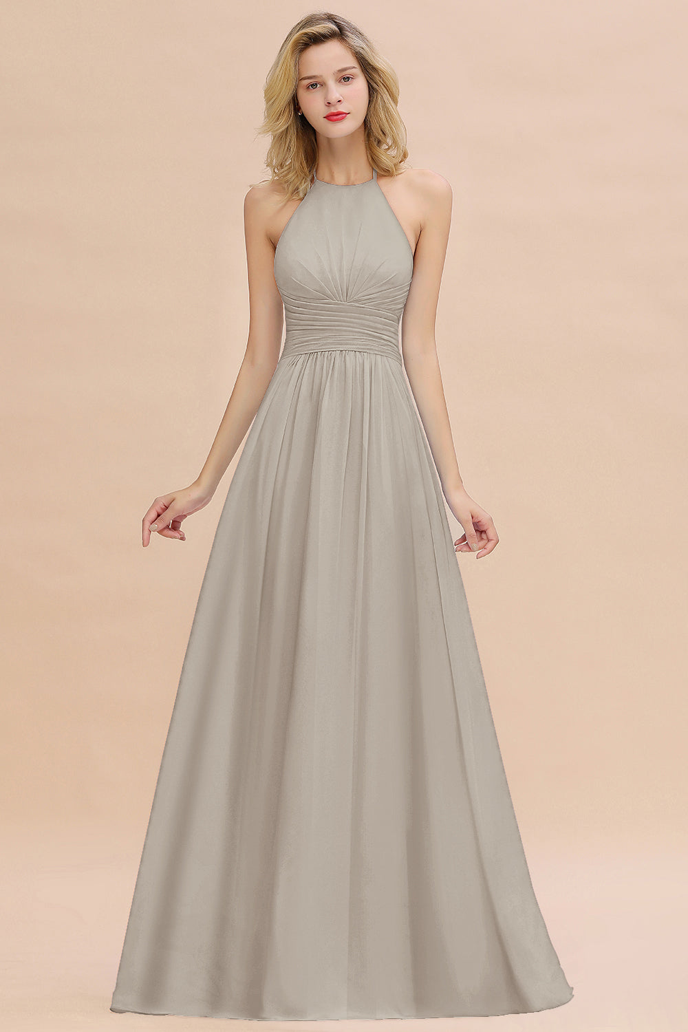 Glamorous Halter Backless Long Affordable Bridesmaid Dresses with Ruffle-Babyonlines