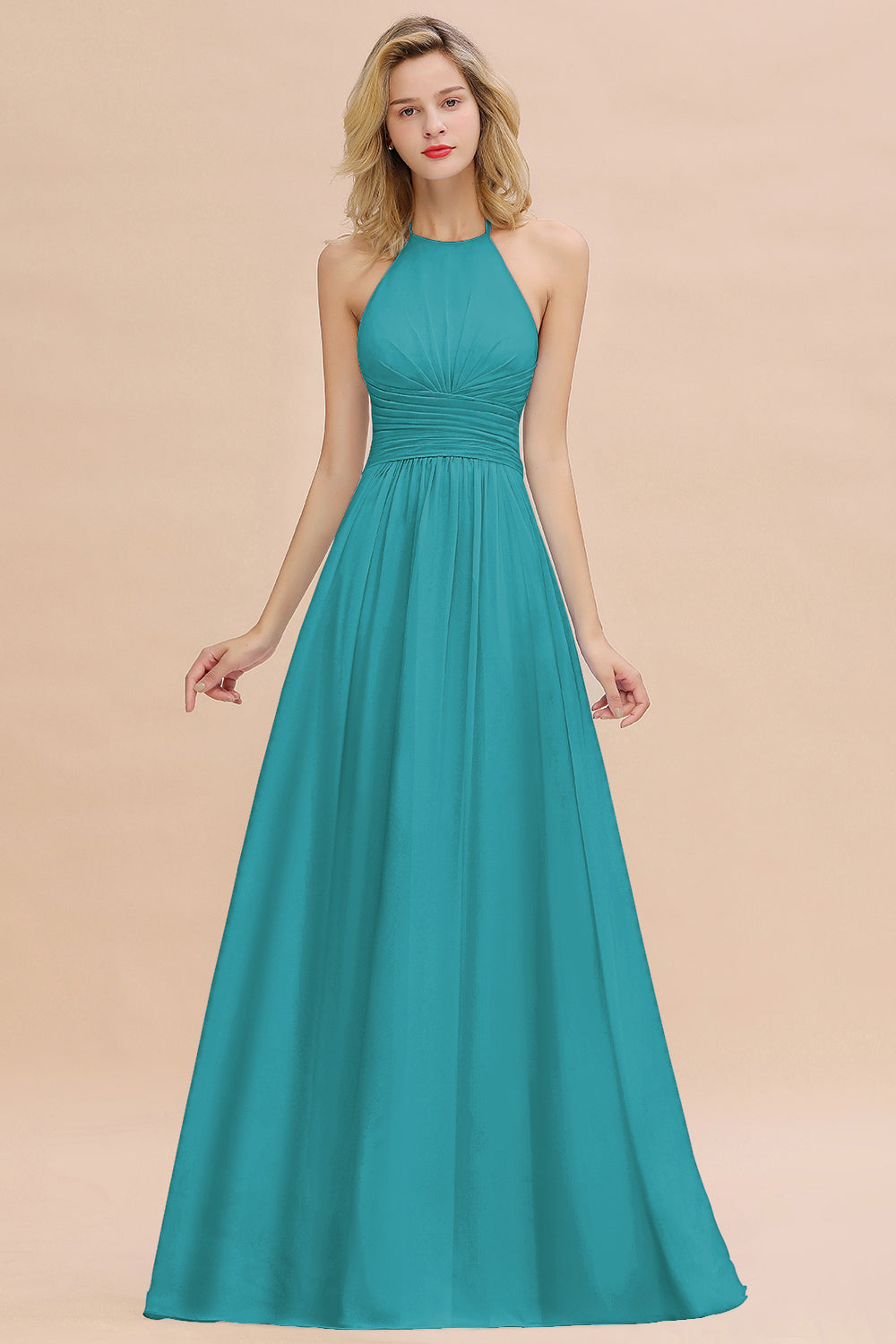 Glamorous Halter Backless Long Affordable Bridesmaid Dresses with Ruffle-Babyonlines