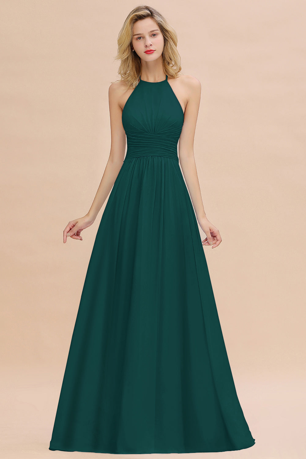 Glamorous Halter Backless Long Affordable Bridesmaid Dresses with Ruffle-Babyonlines