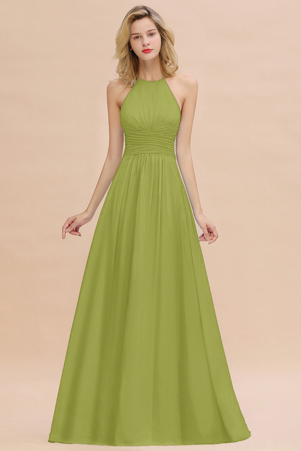 Glamorous Halter Backless Long Affordable Bridesmaid Dresses with Ruffle-Babyonlines