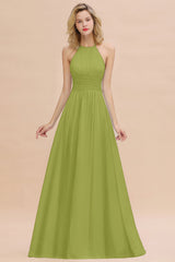 Glamorous Halter Backless Long Affordable Bridesmaid Dresses with Ruffle-Babyonlines
