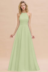 Glamorous Halter Backless Long Affordable Bridesmaid Dresses with Ruffle-Babyonlines