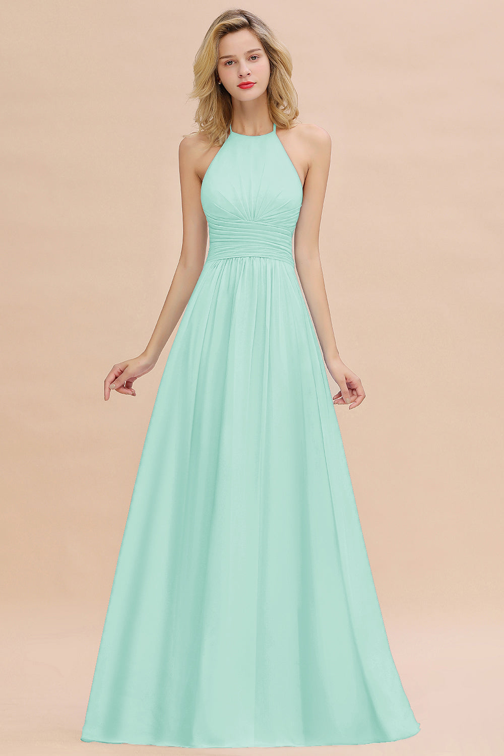 Glamorous Halter Backless Long Affordable Bridesmaid Dresses with Ruffle-Babyonlines