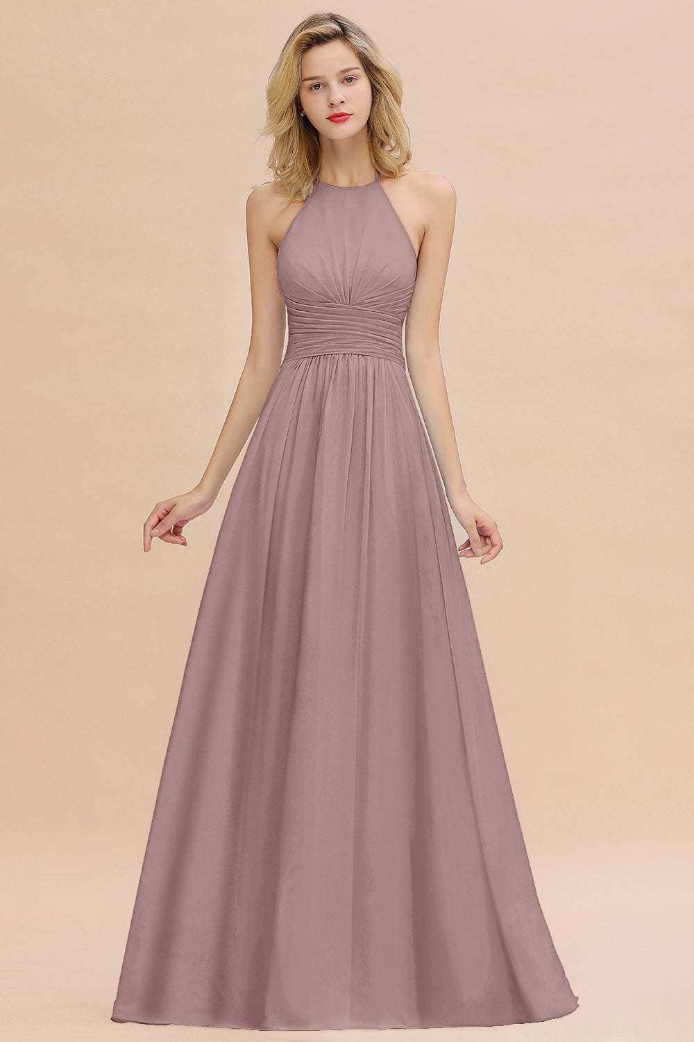 Glamorous Halter Backless Long Affordable Bridesmaid Dresses with Ruffle-Babyonlines
