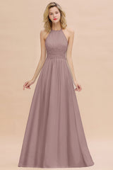 Glamorous Halter Backless Long Affordable Bridesmaid Dresses with Ruffle-Babyonlines