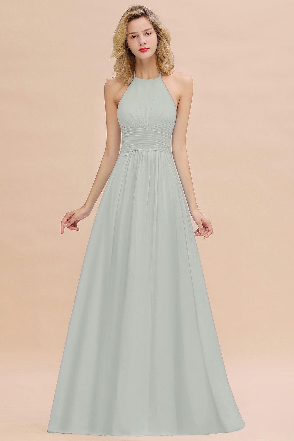 Glamorous Halter Backless Long Affordable Bridesmaid Dresses with Ruffle-Babyonlines