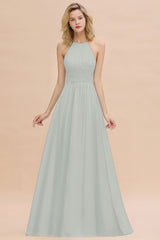 Glamorous Halter Backless Long Affordable Bridesmaid Dresses with Ruffle-Babyonlines