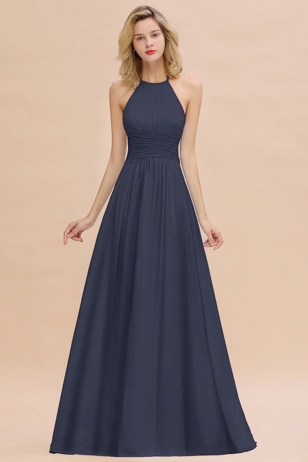 Glamorous Halter Backless Long Affordable Bridesmaid Dresses with Ruffle-Babyonlines