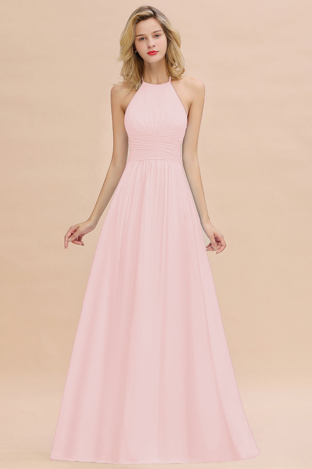 Glamorous Halter Backless Long Affordable Bridesmaid Dresses with Ruffle-Babyonlines