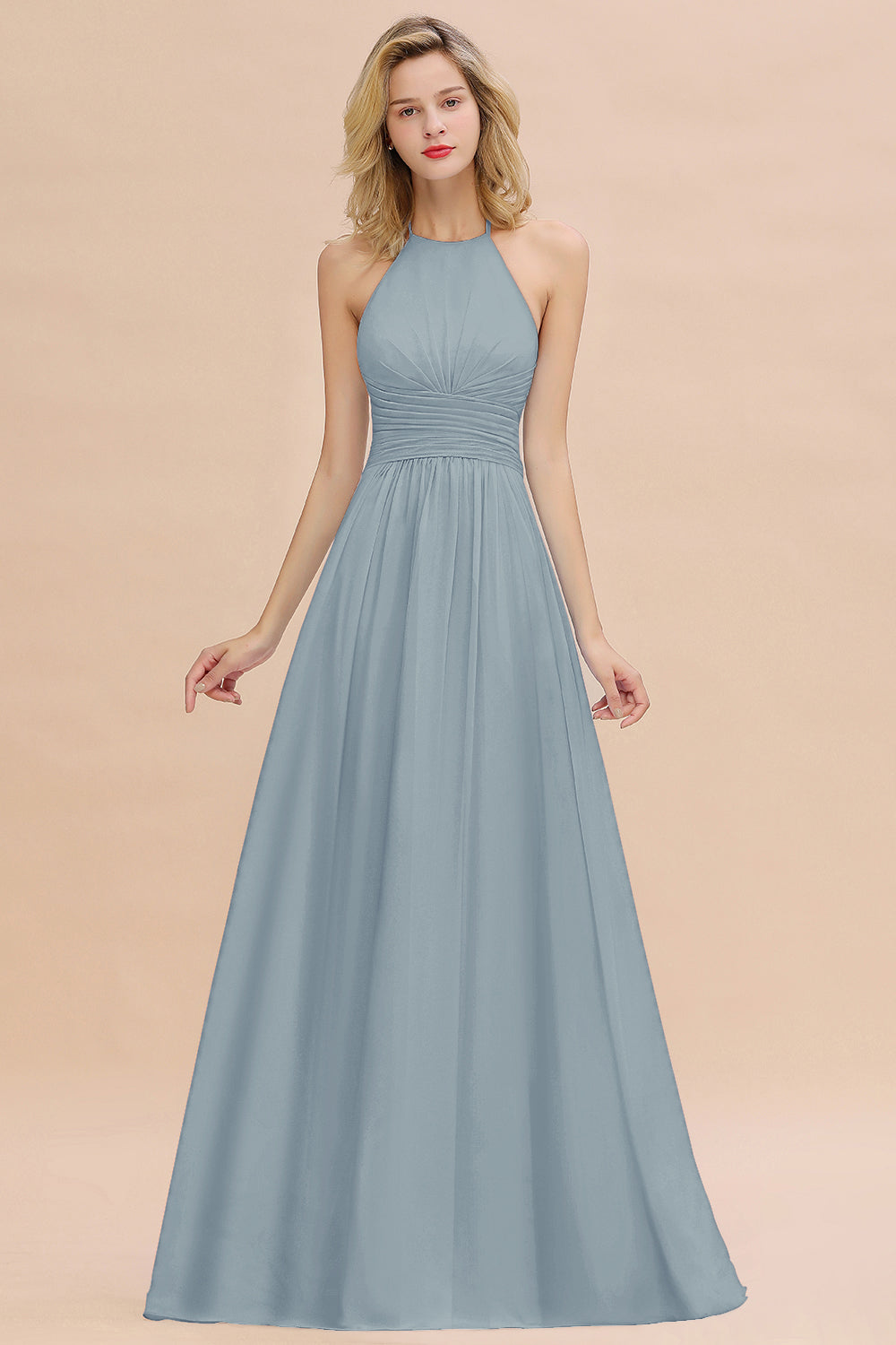 Glamorous Halter Backless Long Affordable Bridesmaid Dresses with Ruffle-Babyonlines