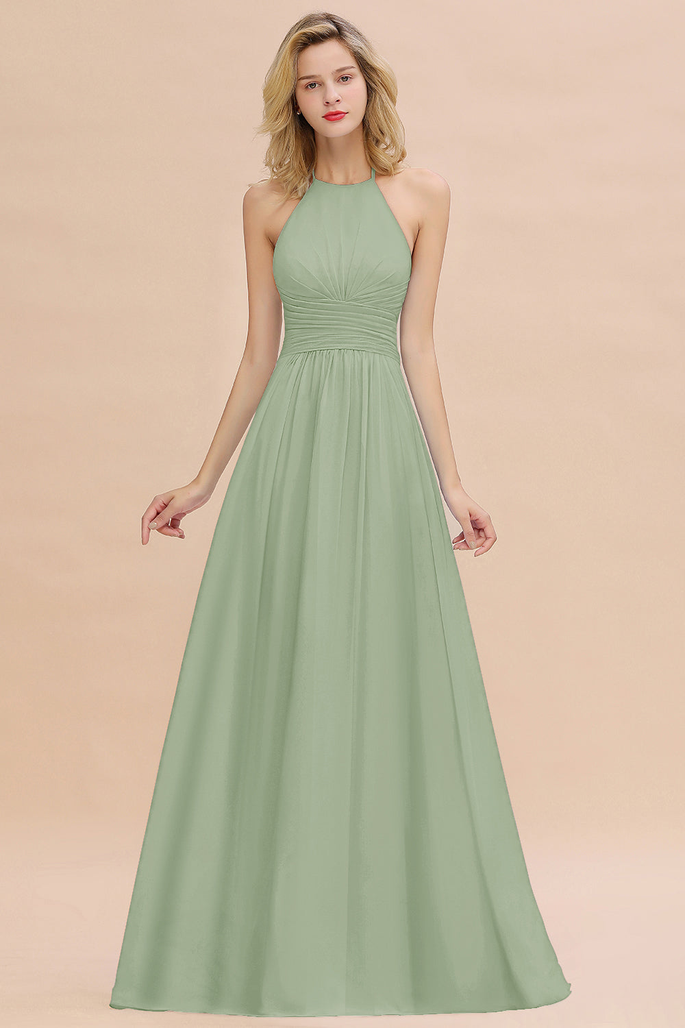 Glamorous Halter Backless Long Affordable Bridesmaid Dresses with Ruffle-Babyonlines