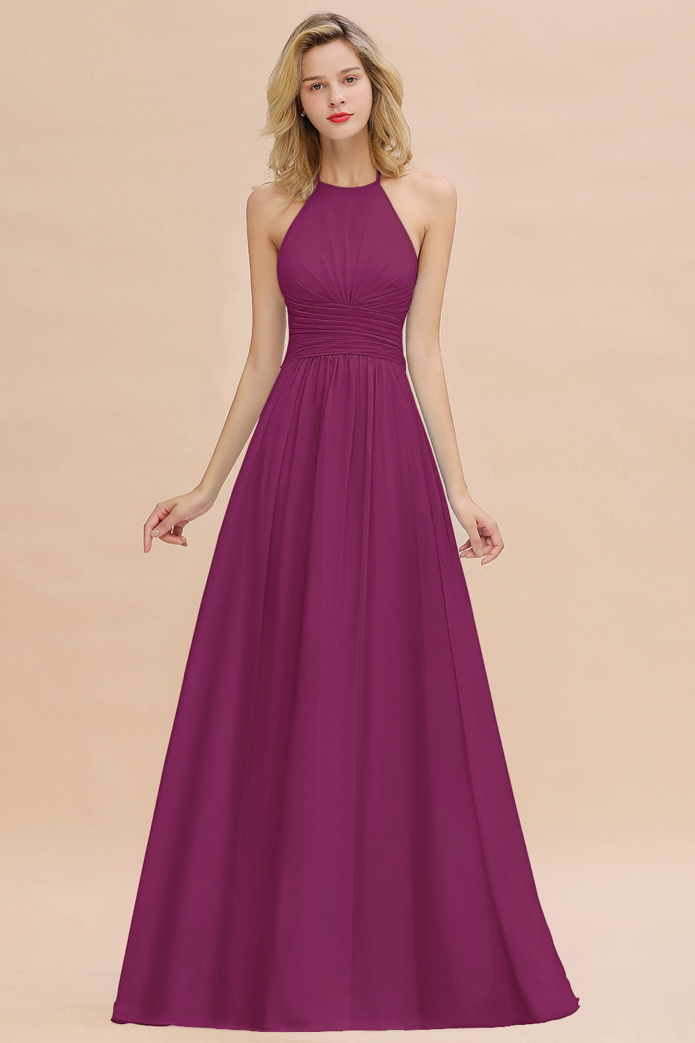 Glamorous Halter Backless Long Affordable Bridesmaid Dresses with Ruffle-Babyonlines