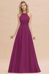 Glamorous Halter Backless Long Affordable Bridesmaid Dresses with Ruffle-Babyonlines