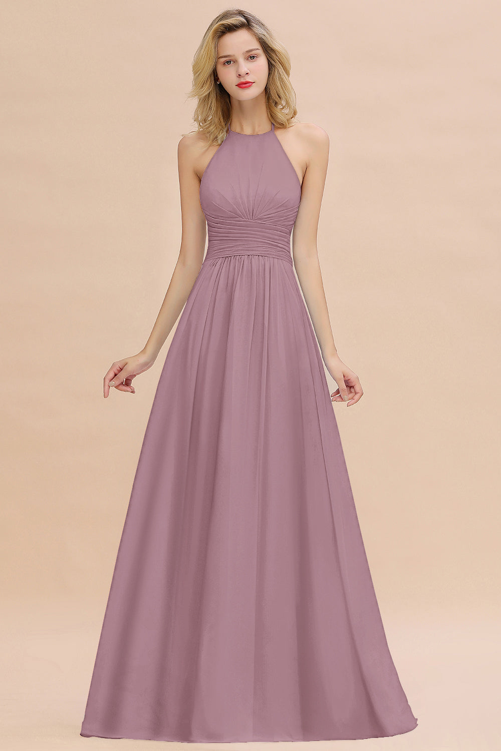 Glamorous Halter Backless Long Affordable Bridesmaid Dresses with Ruffle-Babyonlines