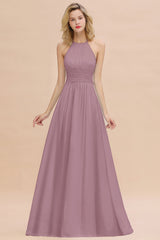 Glamorous Halter Backless Long Affordable Bridesmaid Dresses with Ruffle-Babyonlines
