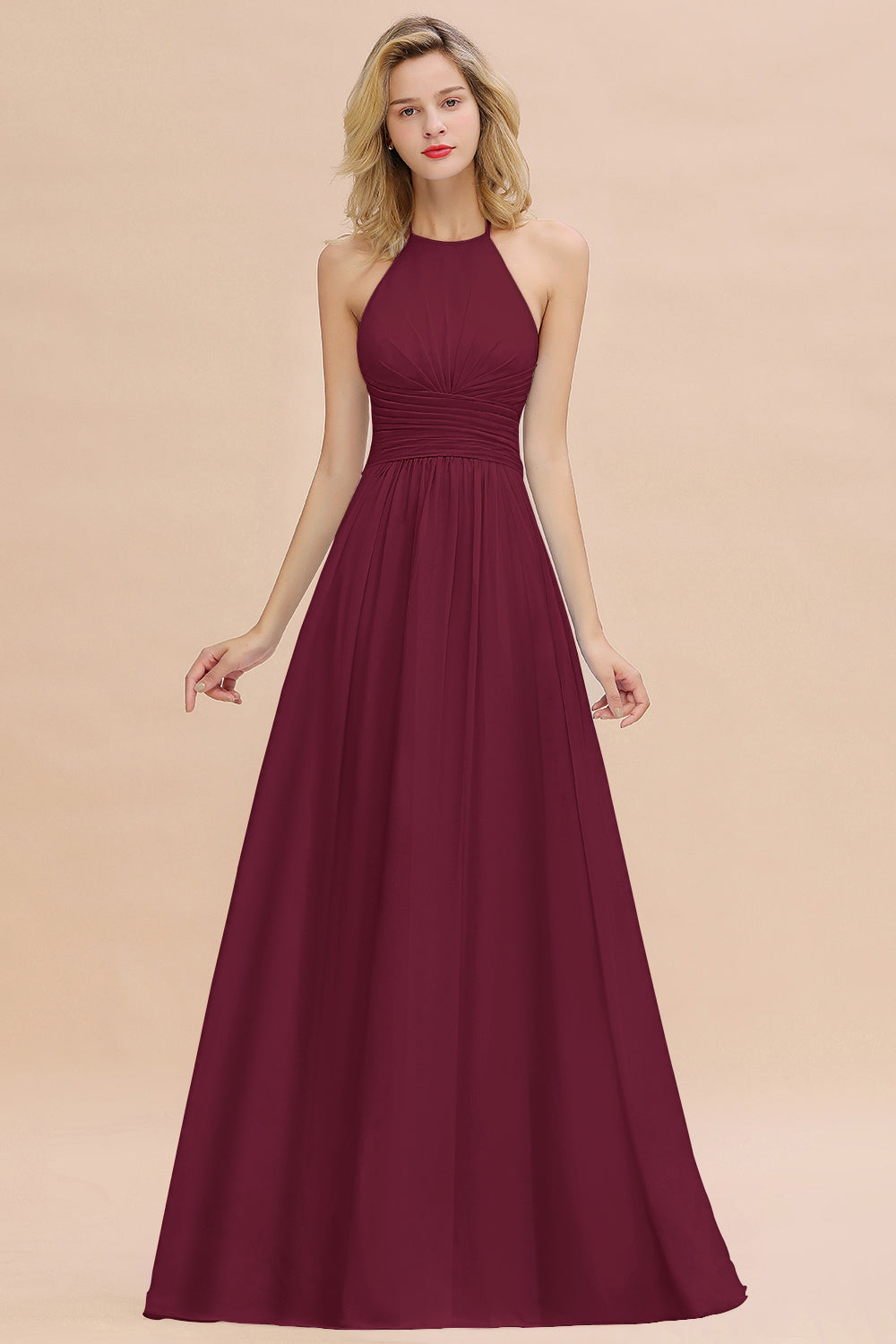 Glamorous Halter Backless Long Affordable Bridesmaid Dresses with Ruffle-Babyonlines