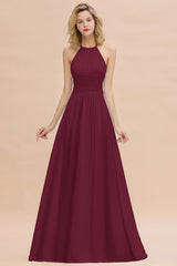 Glamorous Halter Backless Long Affordable Bridesmaid Dresses with Ruffle-Babyonlines