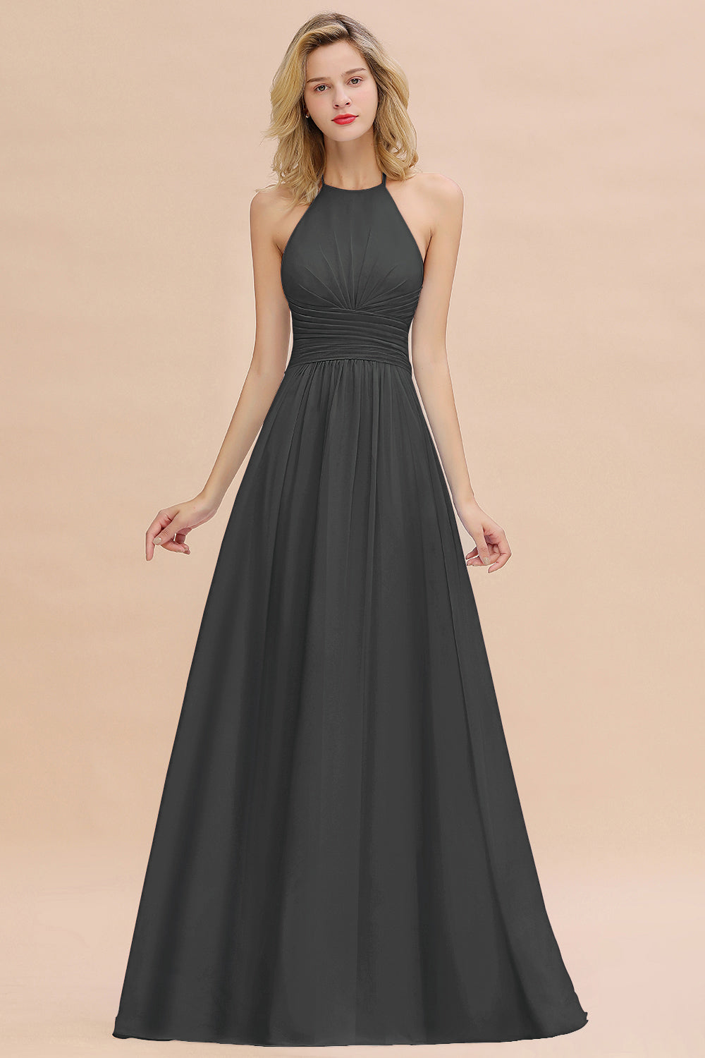 Glamorous Halter Backless Long Affordable Bridesmaid Dresses with Ruffle-Babyonlines