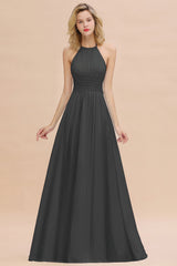 Glamorous Halter Backless Long Affordable Bridesmaid Dresses with Ruffle-Babyonlines
