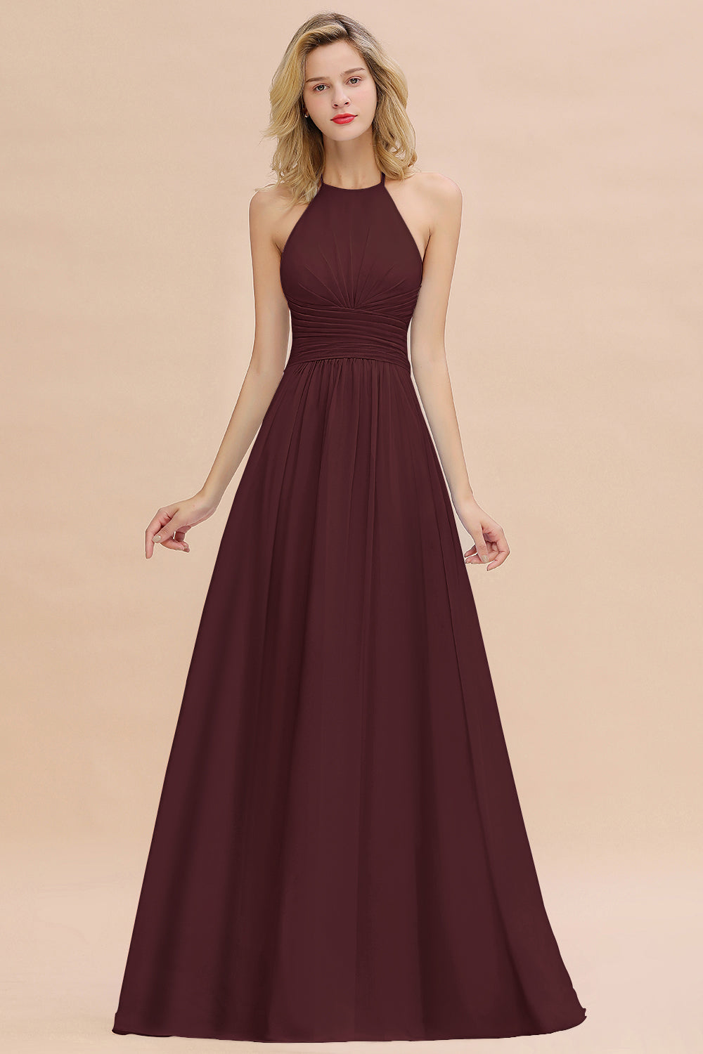 Glamorous Halter Backless Long Affordable Bridesmaid Dresses with Ruffle-Babyonlines