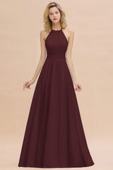 Glamorous Halter Backless Long Affordable Bridesmaid Dresses with Ruffle-Babyonlines