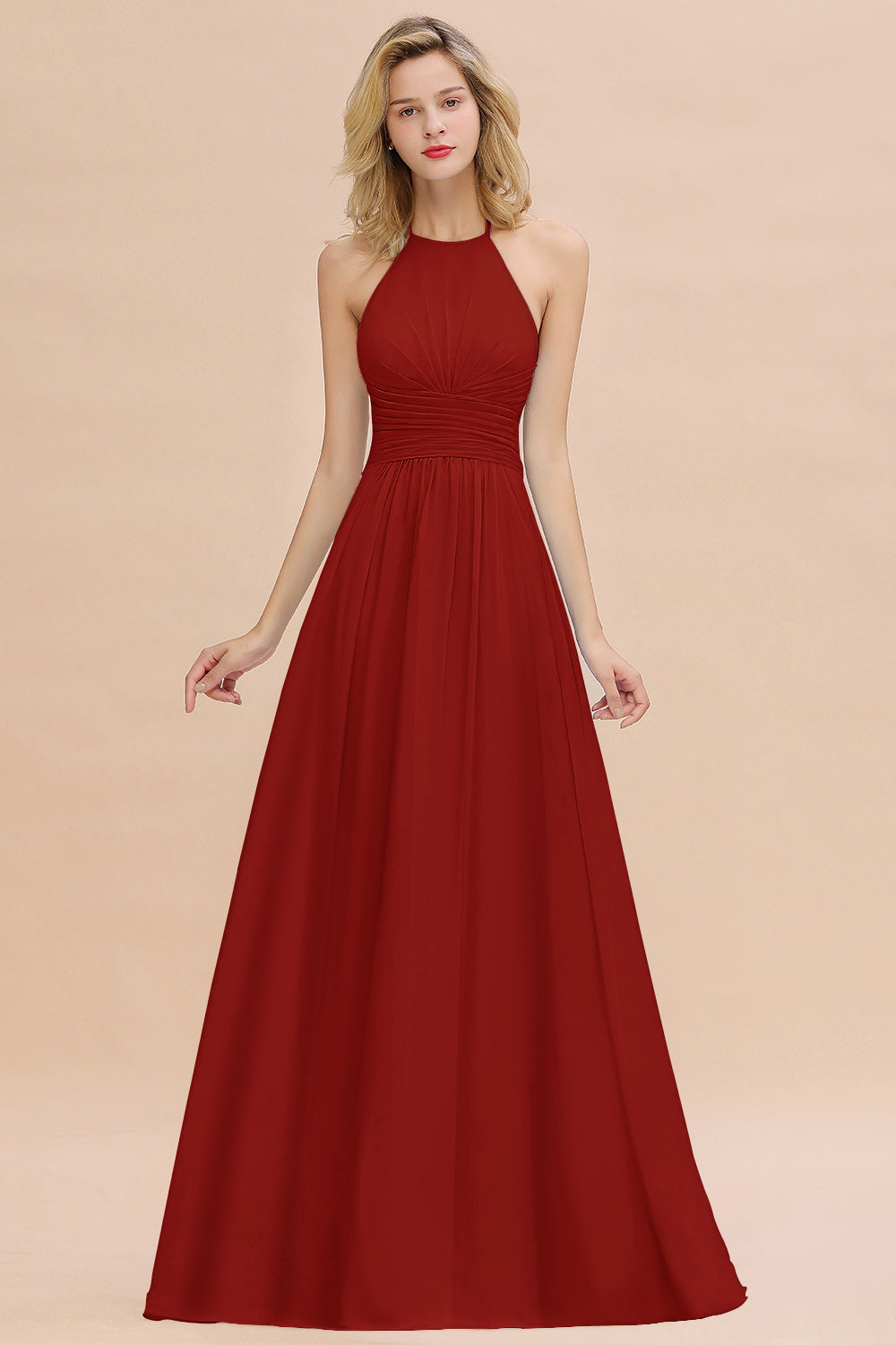 Glamorous Halter Backless Long Affordable Bridesmaid Dresses with Ruffle-Babyonlines