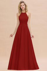 Glamorous Halter Backless Long Affordable Bridesmaid Dresses with Ruffle-Babyonlines
