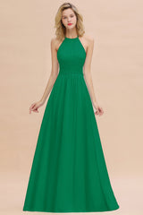 Glamorous Halter Backless Long Affordable Bridesmaid Dresses with Ruffle-Babyonlines