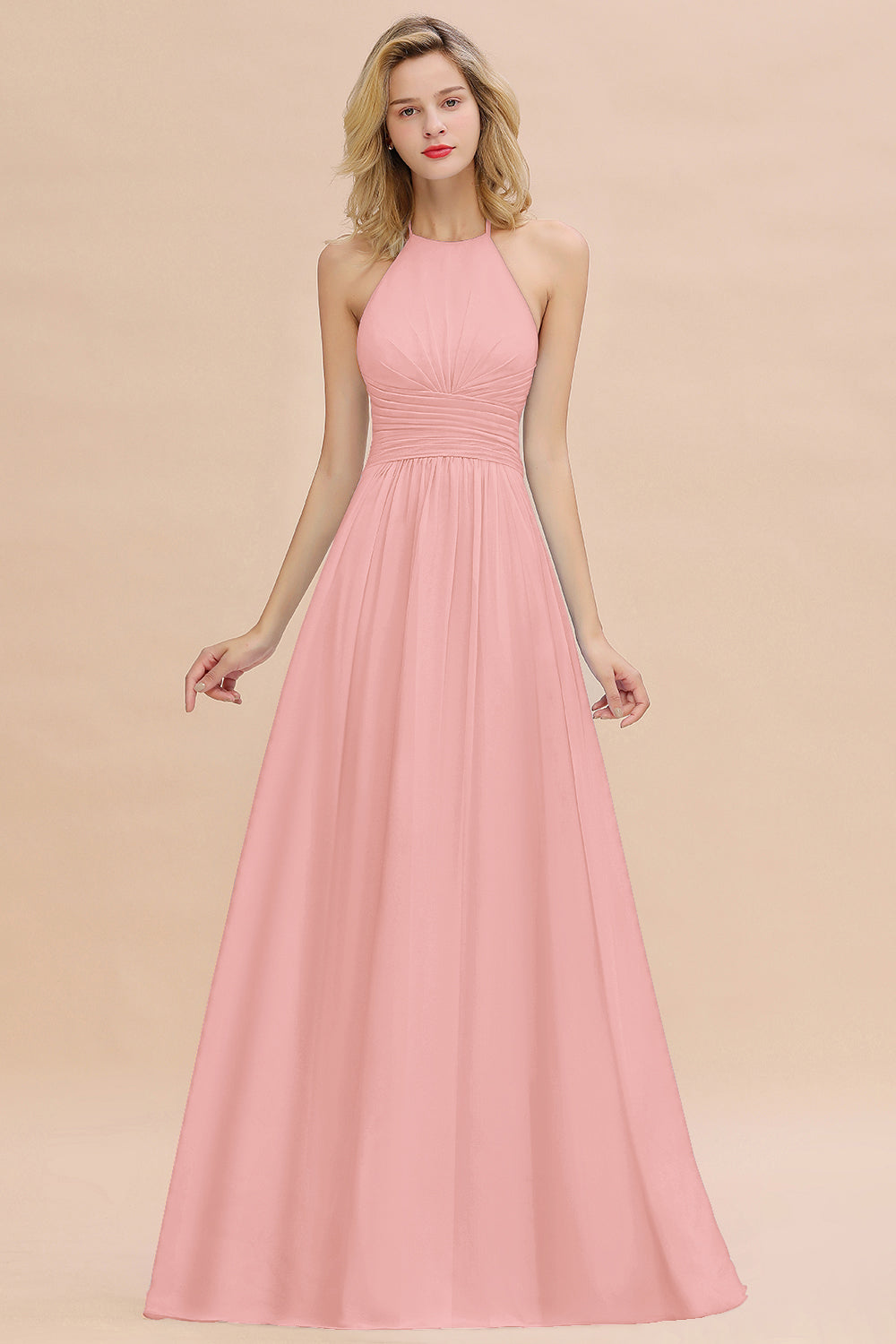 Glamorous Halter Backless Long Affordable Bridesmaid Dresses with Ruffle-Babyonlines