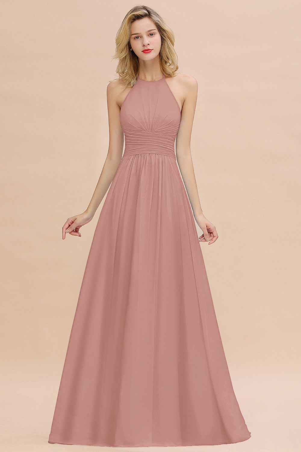 Glamorous Halter Backless Long Affordable Bridesmaid Dresses with Ruffle-Babyonlines