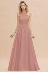 Glamorous Halter Backless Long Affordable Bridesmaid Dresses with Ruffle-Babyonlines